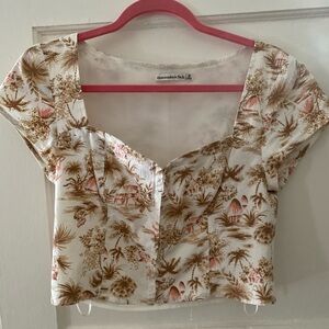 Abercrombie & Fitch Cream Crop Top with Brown & Light Pink Tropical Print